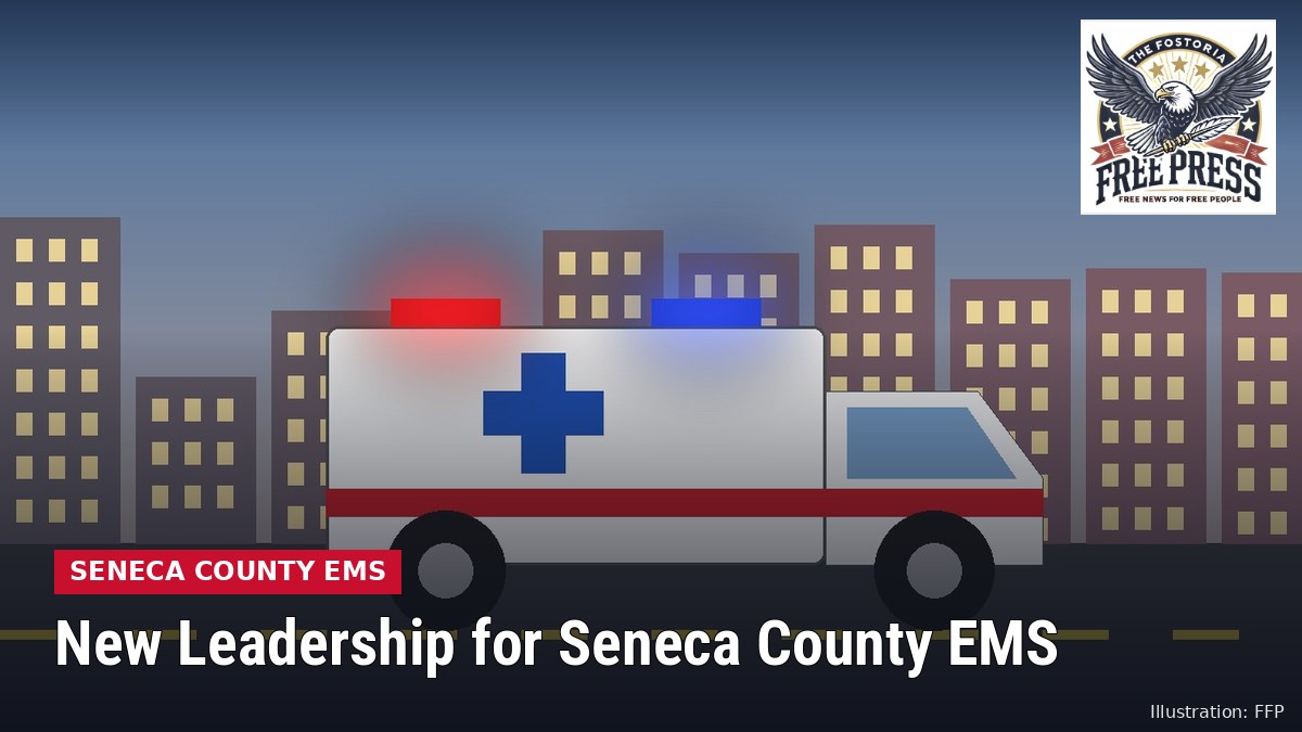 Illustration of a white ambulance with red and blue lights on a city street, with headline: New Leadership for Seneca County EMS